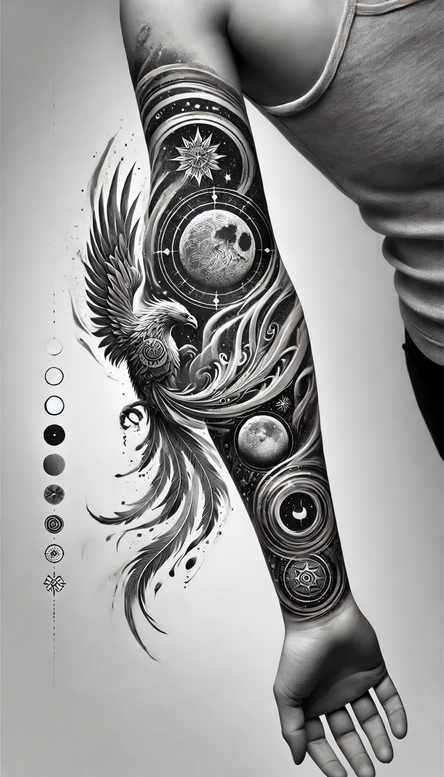 Black and grey forearm tattoo featuring a phoenix with celestial moons and stars; a cover-up-ready project.
