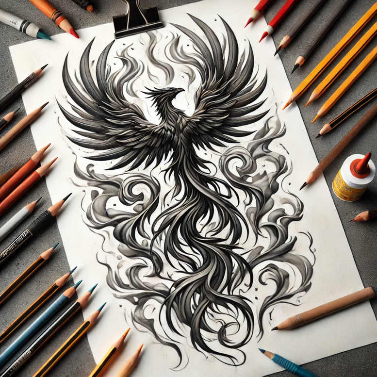 phoenix-with-shadow-and-light – tattoo design ideas free ai generated – realism-emotional-depth – for-shoulder-blade – Gallery: phoenix-inkby-ai