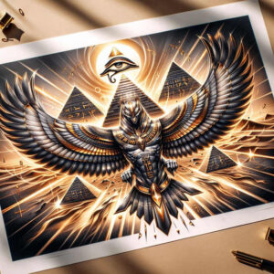 Phoenix winged warrior in gold and black armor with wings spread before pyramids and an all-seeing eye under a radiant sun; colors gold, black, grey; project idea; cover-up.