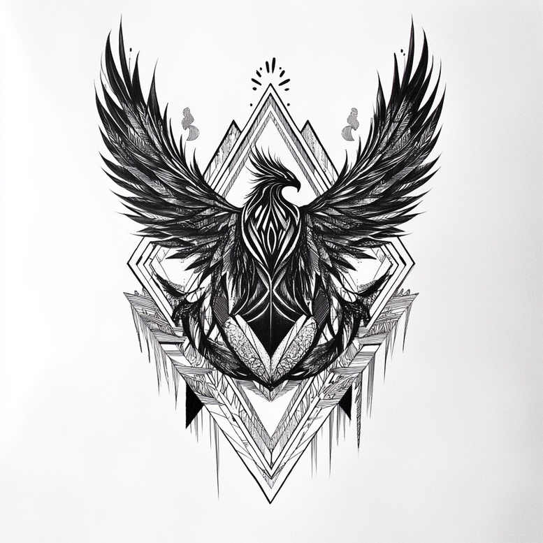 Phoenix with black wings, geometric diamonds and triangles; black and grey tattoo design, cover-up project.