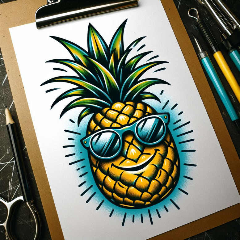 A bright yellow pineapple wearing teal sunglasses on white paper; full color pattern; tattoo design concept; AI-generated tattoo project; not suitable for cover-up.