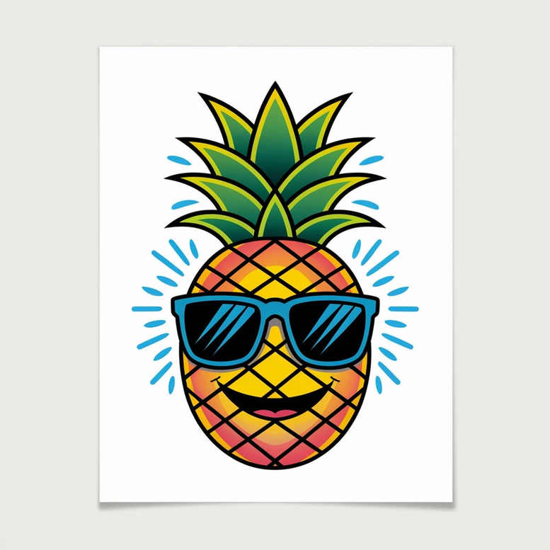 Colorful pineapple wearing blue sunglasses on a white background, green leafy crown, and blue sunburst accents; color tattoo design concept, not a cover-up design.