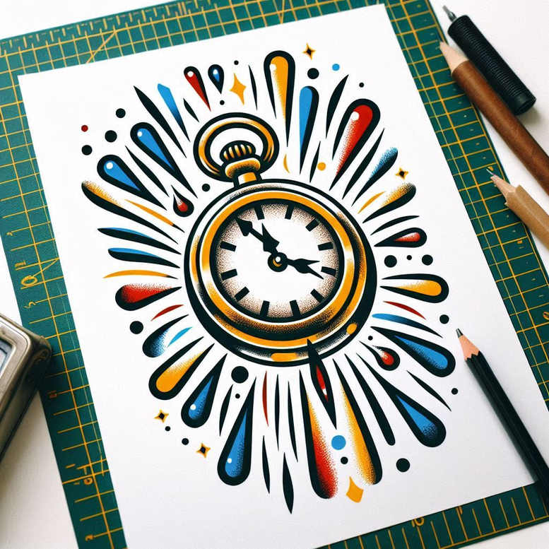 Watch illustration in full color with radiant bursts around a gold pocket watch; pencil, ruler, and paper visible; project idea; not designed for cover-up.