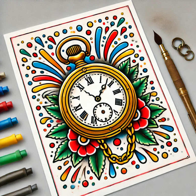Colorful pocket watch tattoo concept with a red rose and green leaf cluster; AI-generated tattoo project; watch, rose, leaf, chain, and frame visible; suitable for cover-up.