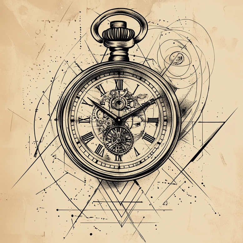 Pocket watch with visible gears in black and grey ink, intersecting geometric lines and abstract shapes on beige background; tattoo design idea, cover-up suitable.