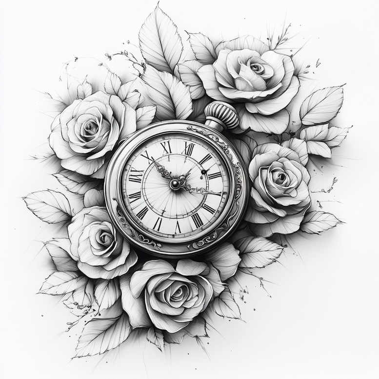 Watch, roses, and leaves in black and grey tones; tattoo project idea; not primarily intended for cover-up.