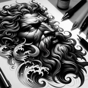 ancient-sea-god-tattoo – tattoo design ideas free ai generated – tattered-clothing – for-inner-arm – Gallery: poseidon-inkby-ai