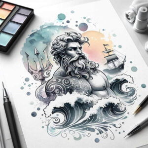 deep-water-god-tattoo – tattoo design ideas free ai generated – distorted – for-neck – Gallery: poseidon-inkby-ai