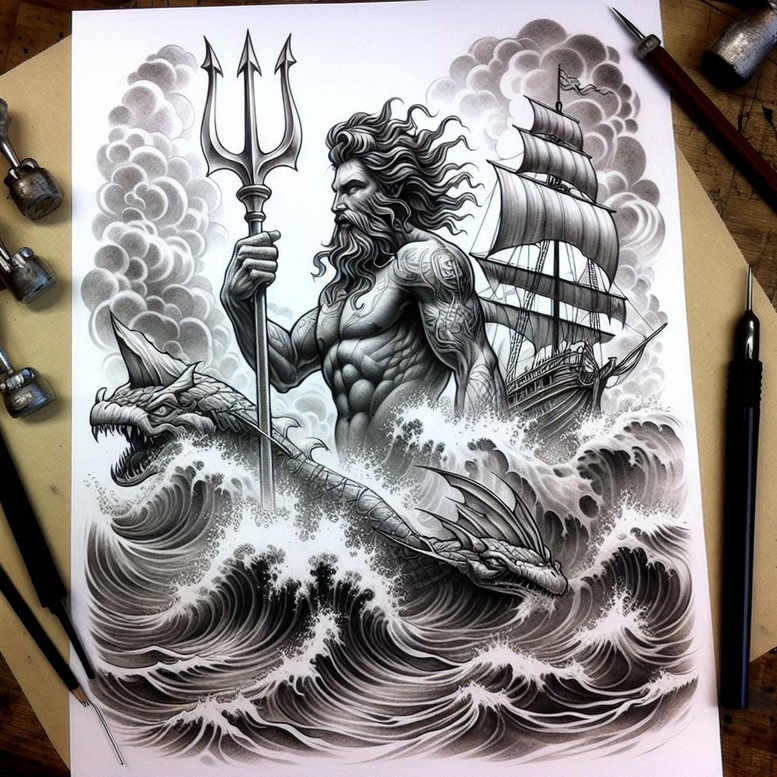 element-god-tattoo – tattoo design ideas free ai generated – shadowy – for-abdomen – Gallery: poseidon-inkby-ai