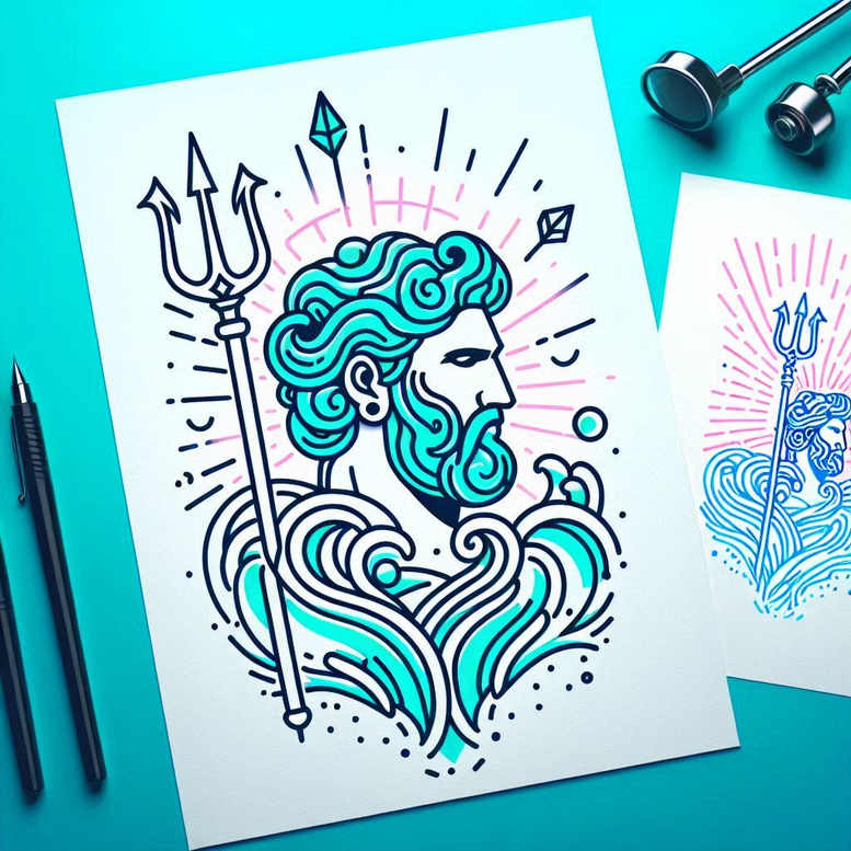 Blue line art illustration of Poseidon with a trident and curling waves on white paper; color tattoo design concept.