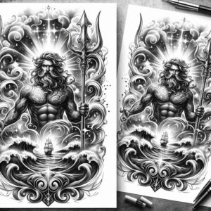 God with trident, ship, wave, cloud, and swirl in black and grey; AI-generated tattoo project; suitable for cover-up.