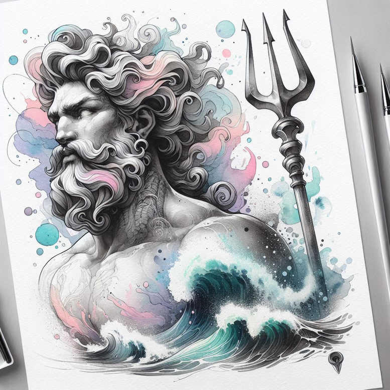 mythological-god-tattoo – tattoo design ideas free ai generated – shadowy – for-spine – Gallery: poseidon-inkby-ai