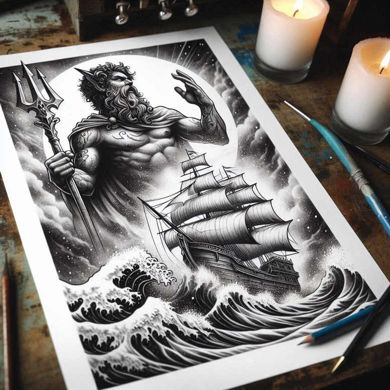 poseidon-sea-tattoo – tattoo design ideas free ai generated – strange-laughter – for-upper-shoulder – Gallery: poseidon-inkby-ai