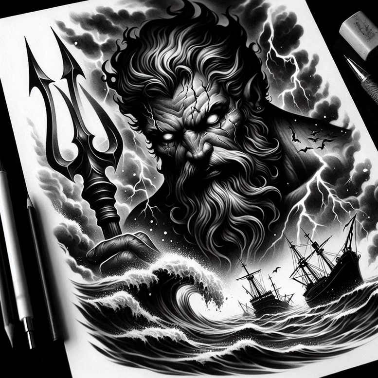 power-god-tattoo – tattoo design ideas free ai generated – hidden – for-thigh – Gallery: poseidon-inkby-ai