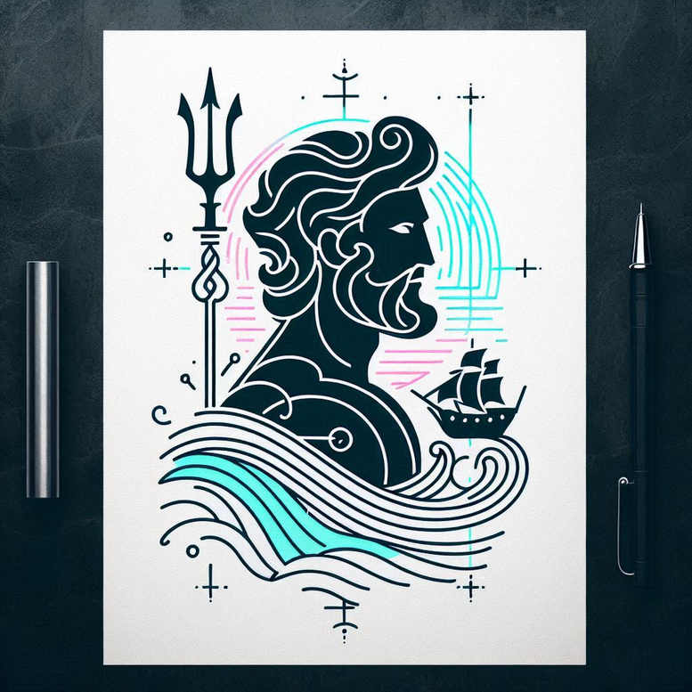 Black and grey minimalist tattoo in line-art style, featuring a woman's silhouette, a ship sailing within stylized waves, and a left-side trident; concept design.