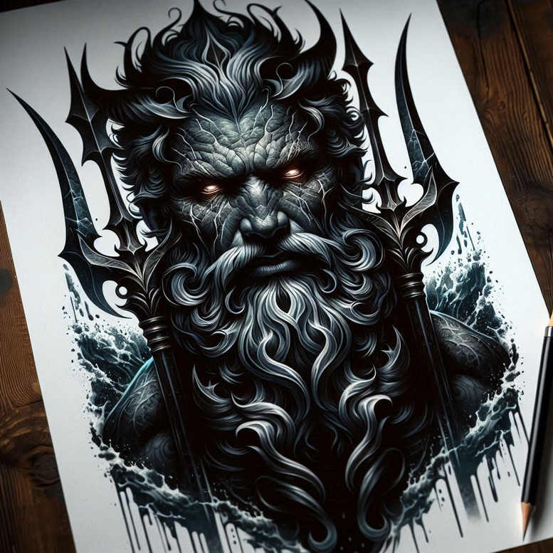 sea-monster-tattoo – tattoo design ideas free ai generated – mirror-image – for-arm – Gallery: poseidon-inkby-ai