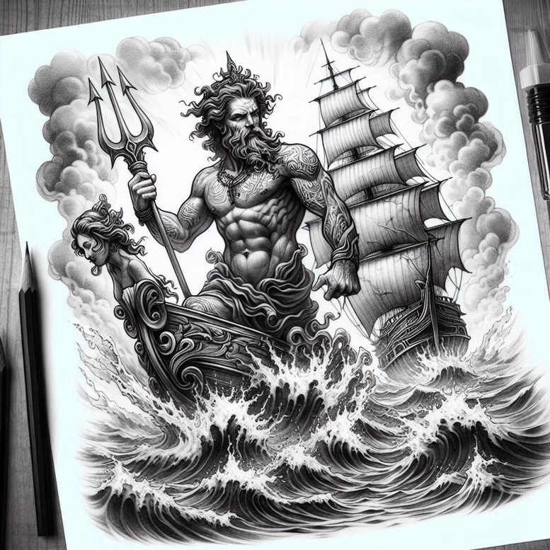 poseidon tattoo design ideas contrasting colors ancient tide for triceps