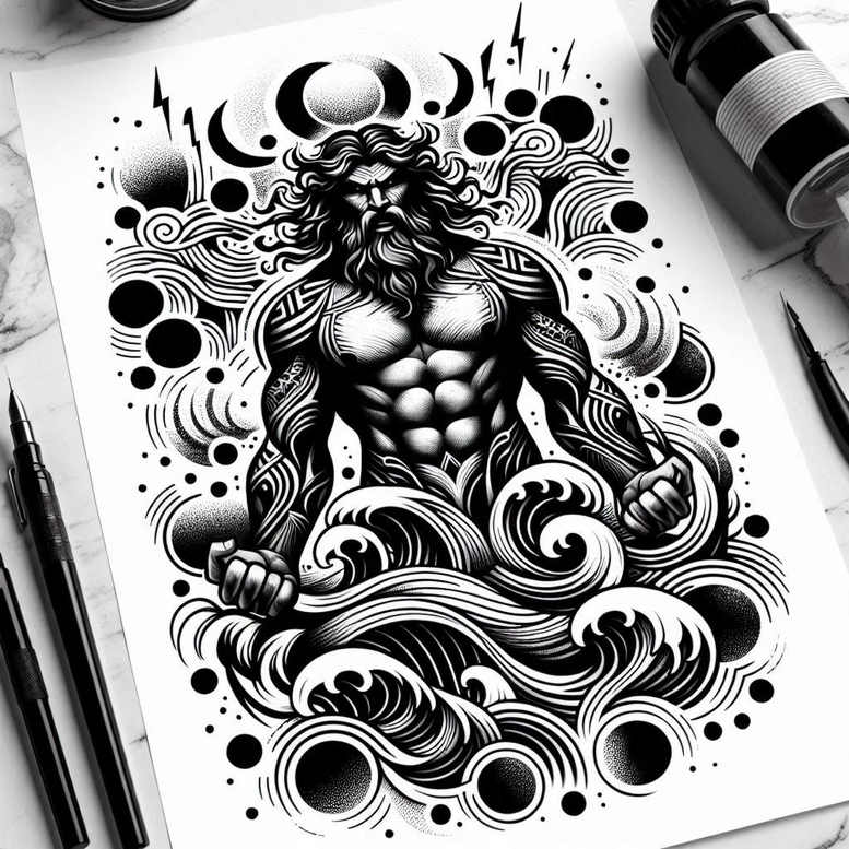 poseidon tattoo design ideas Surrealism chromatic aberration aquatic command meaning courage