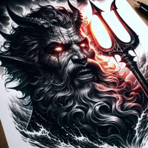 poseidon tattoo design ideas Surrealism symbolic motifs aquatic command symbol of resilience
