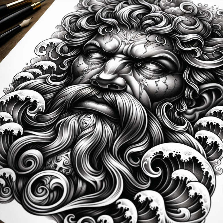 poseidon tattoo design ideas Surrealism metaphysical blue myth for ankle