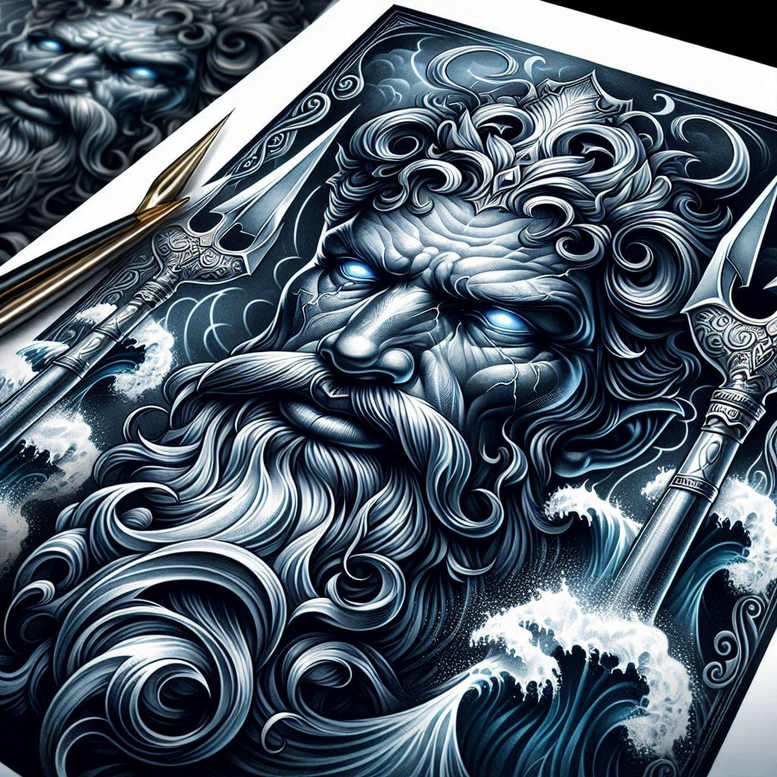 poseidon tattoo design ideas decorative flourishes blue myth represents courage