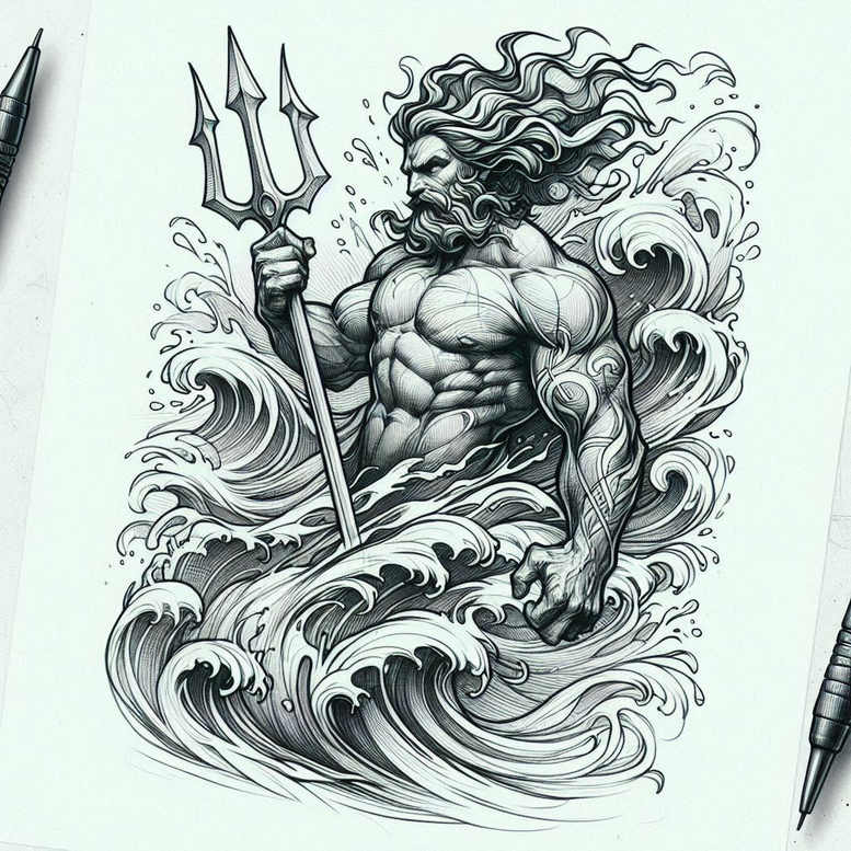 poseidon tattoo design ideas Realim light and shadow play divine flood for outer arm