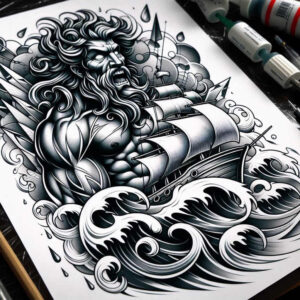 poseidon tattoo design ideas Realism deep shadows divine flood stands for strength