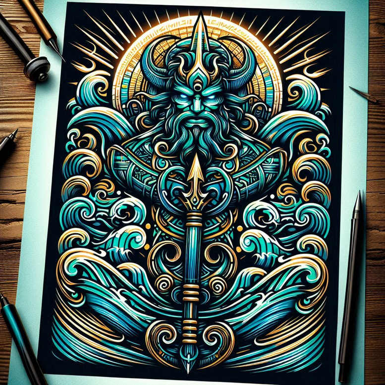 poseidon tattoo design ideas Surrealism chromatic flux marine deity for nape