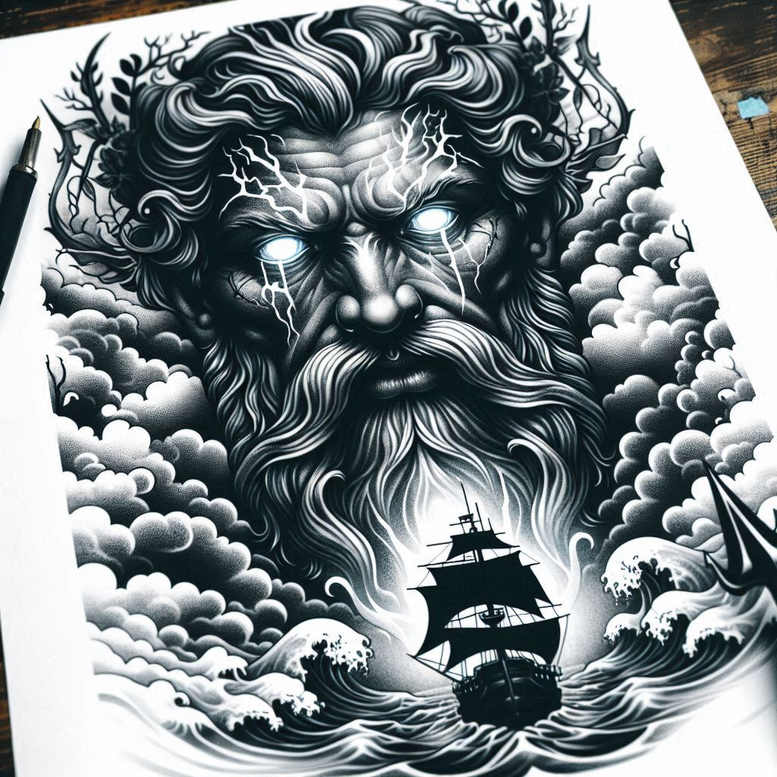poseidon tattoo design ideas strong contrast mythic sea strength and power
