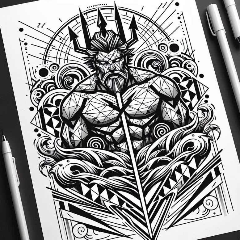 poseidon tattoo design ideas Surrealism abstract forms ruler of depths embodying strength