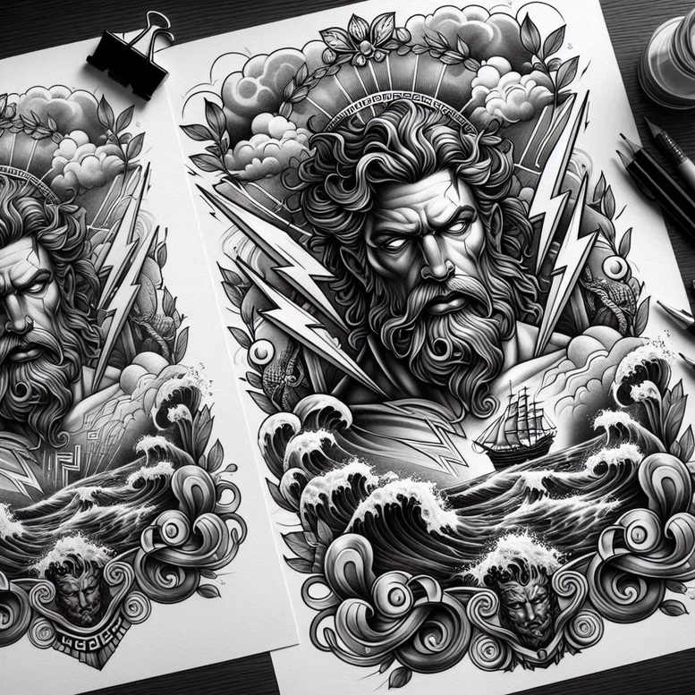 poseidon tattoo design ideas strong outlines ruler of depths symbolising determination