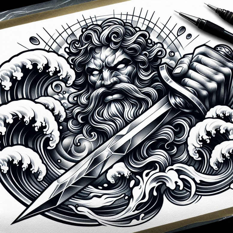 poseidon tattoo design ideas black-and-white sacred current for scapula