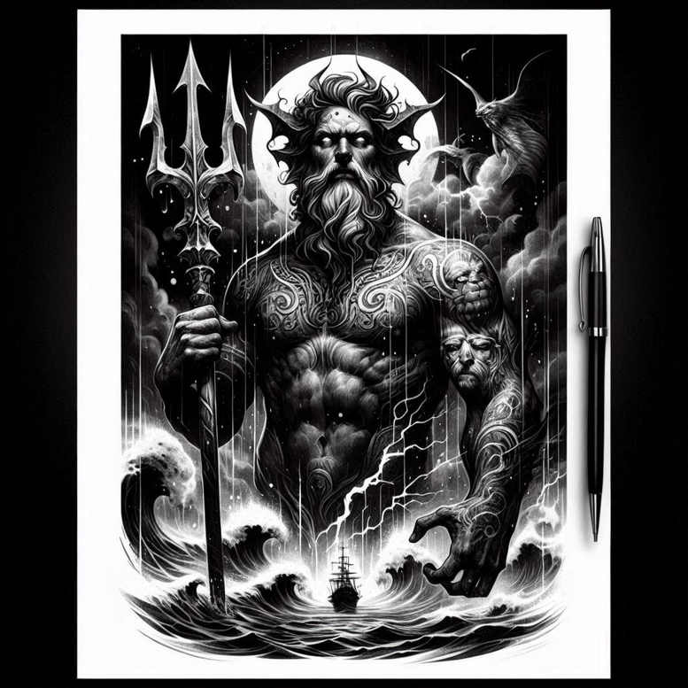 poseidon tattoo design ideas refined lines saltwater soul for back of neck