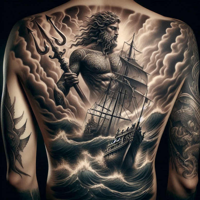poseidon tattoo design ideas realistic shadowing sea god embodying strength