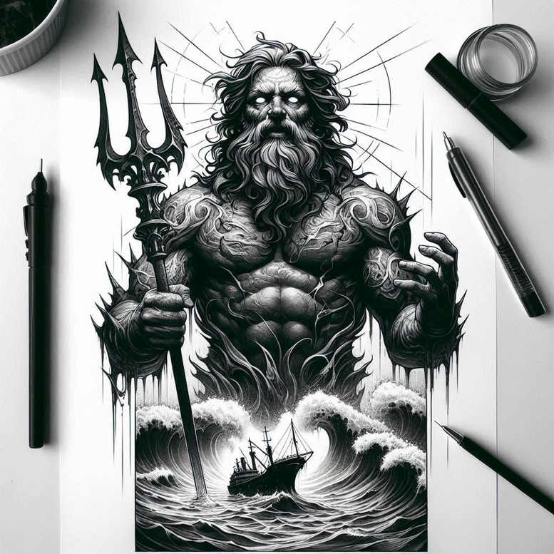 poseidon tattoo design ideas Surrealism imperfect symmetry sea vengeance for heel