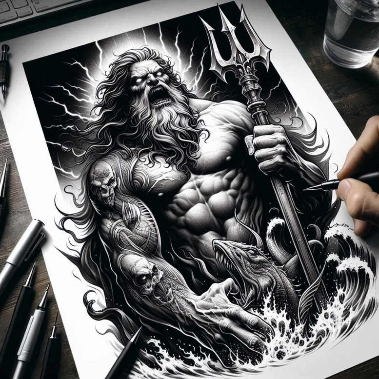 poseidon tattoo design ideas Realism realistic perspective tempest ink for upper shoulder