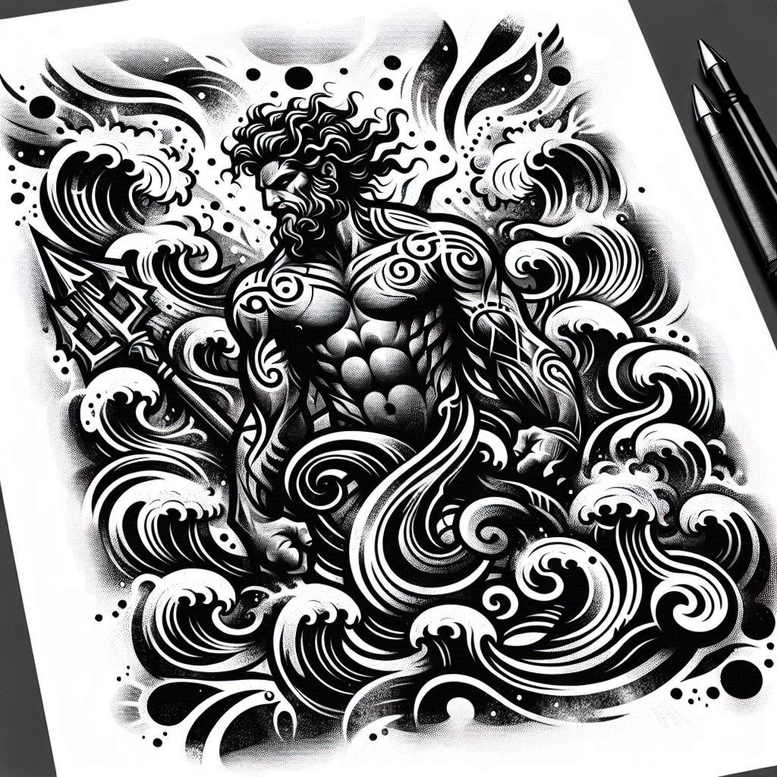 poseidon tattoo design ideas layered color trident aura embodying courage