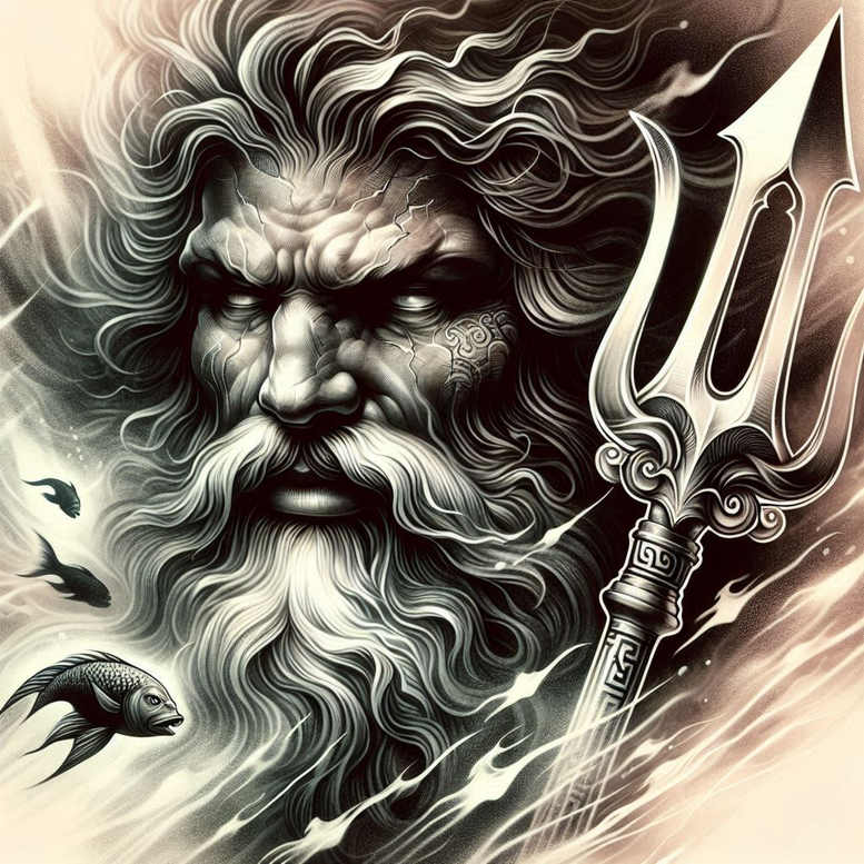 poseidon tattoo design ideas deep-shading trident aura for back