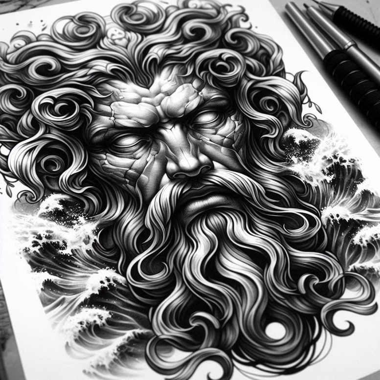 poseidon tattoo design ideas Surrealism chromatic flux trident symbol for collarbone