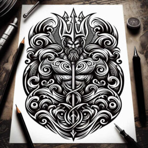 poseidon tattoo design ideas vibrant palette trident symbol for lower leg