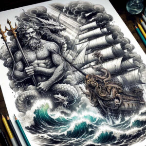 poseidon tattoo design ideas refined lines trident symbol meaning perseverance