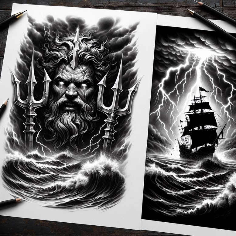 poseidon tattoo design ideas Surrealism psychological depth water realm for biceps