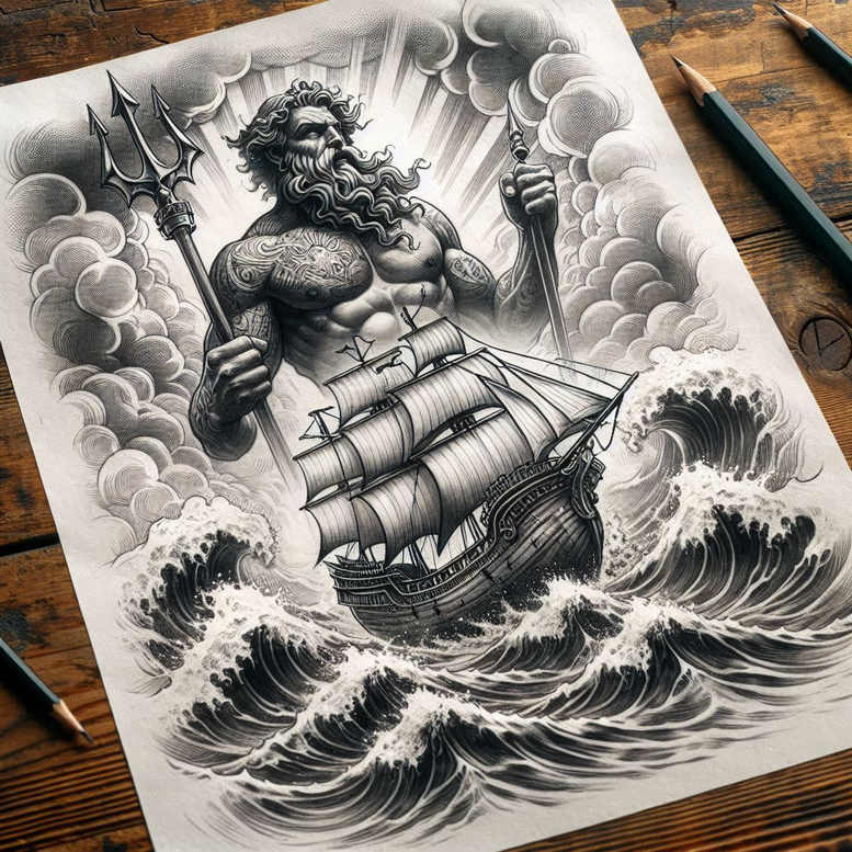 poseidon tattoo design ideas realistic texture wave power for shin