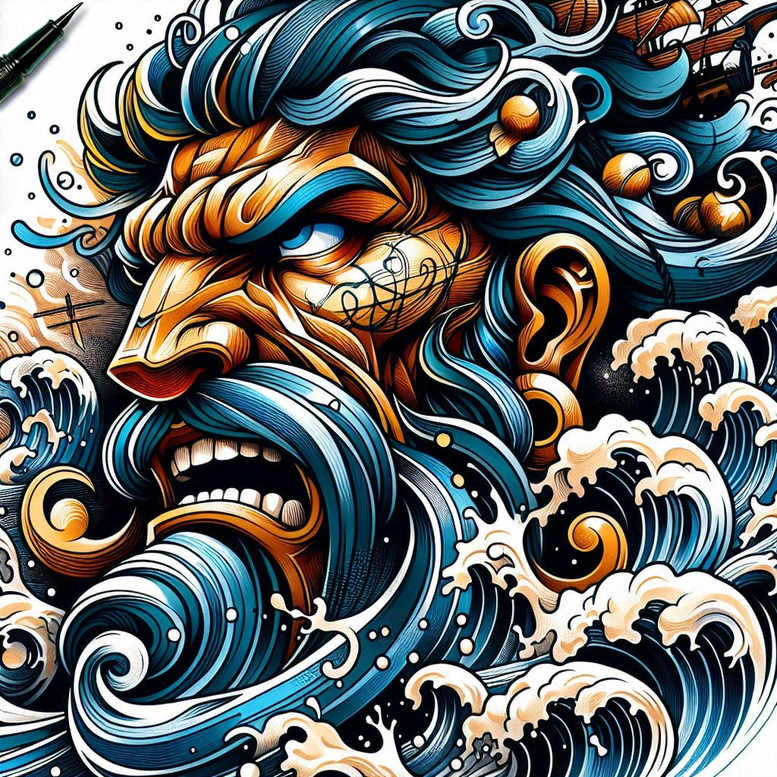 poseidon tattoo design ideas expressive lines wave power for spine