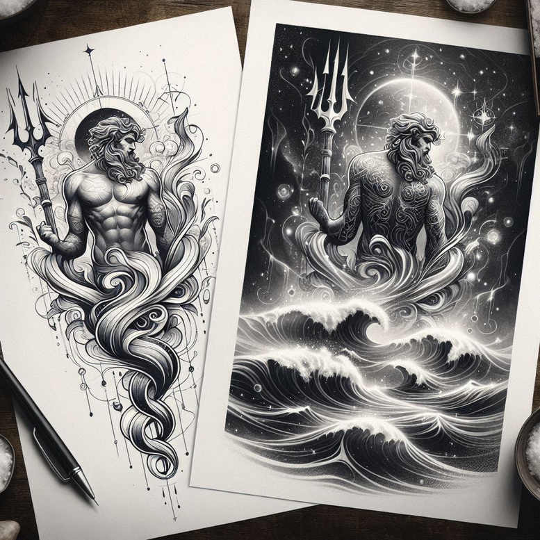 tempest-god-tattoo – tattoo design ideas free ai generated – shadow – for-lower-arm – Gallery: poseidon-inkby-ai