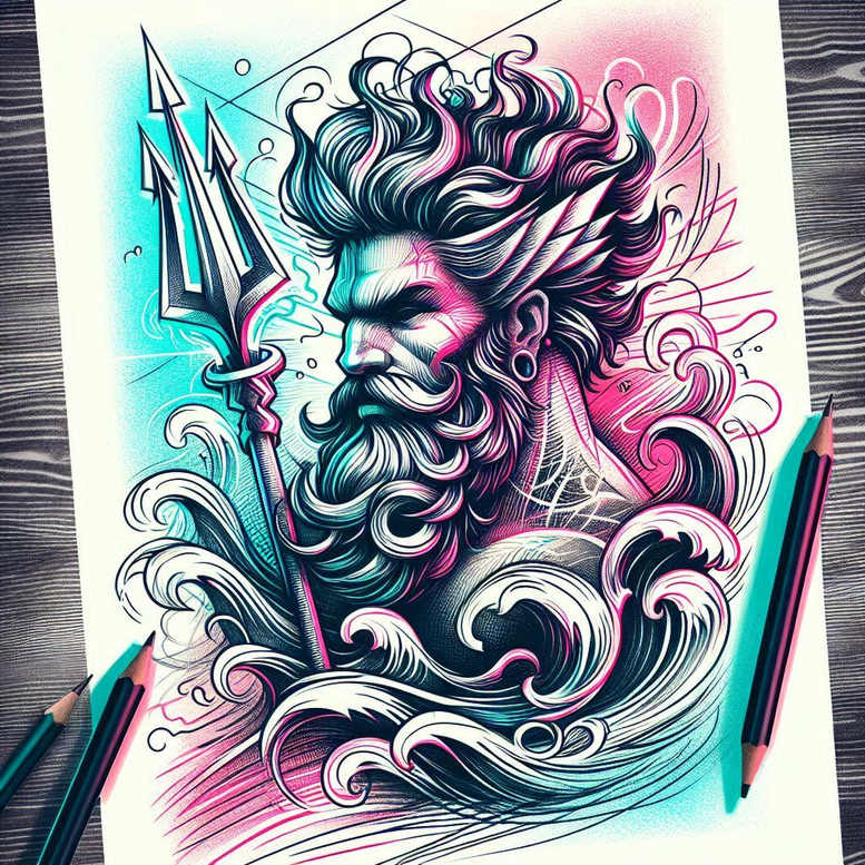 Colorful watercolor tattoo design of Poseidon with a trident and curling waves; color in color, concept idea for a dynamic sleeve; not black and grey.