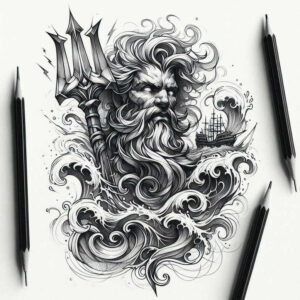 God with a trident, waves, and a distant ship, black and grey linework; tattoo design project; suitable for cover-up.