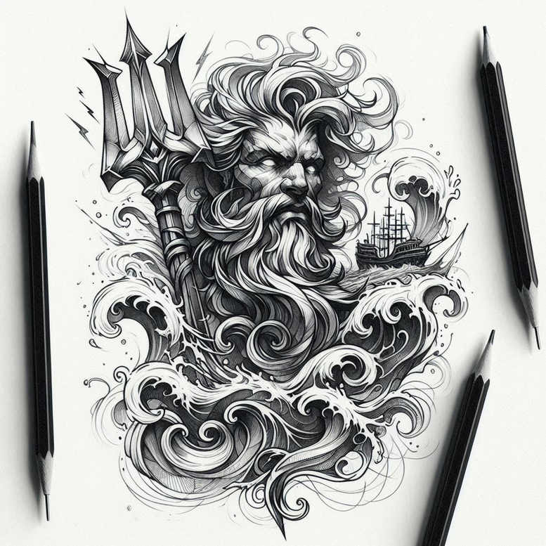 God with a trident, waves, and a distant ship, black and grey linework; tattoo design project; suitable for cover-up.
