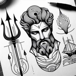 Bearded Poseidon-like man in black and grey linework with trident, ship, flame, and waves; tattoo design idea; suitable for cover-up.