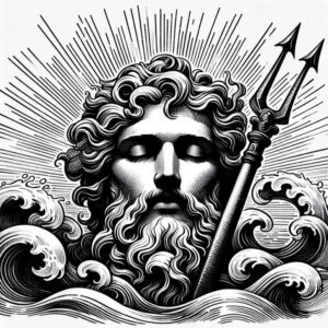 Bearded Poseidon-like figure with a trident rising from black and grey waves; a tattoo project in bold line work, cover-up-ready.